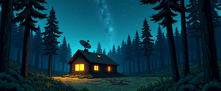 Mobius comics style. Cabin in the woods inside the deep forest. Lot of trees around. Window radiate yellow light. Satellite dish on the roof. Night sky full of stars and Milky Way. Science fiction