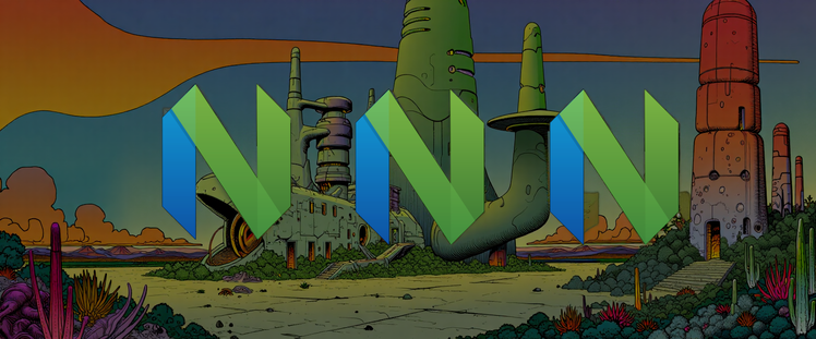 3 neovim logos on background alien planet landscape with buildings