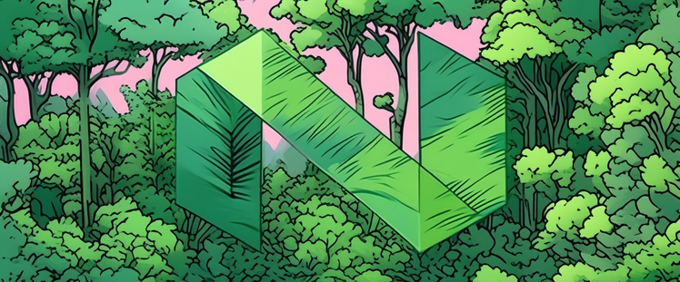 Mobius comic book style. Jungle treetops scenery flyover. Dark green pastel. Neovim logo embedded.