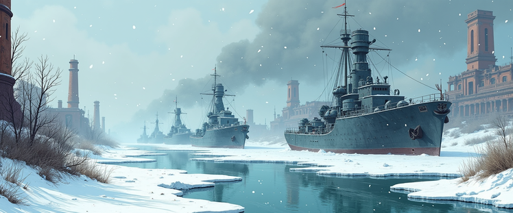 Mobius comics style. Post-apocalyptic frozen river with abandoned military ships, smoking ruins in the background. Dominated with white snow blizzard. Flakes visible.