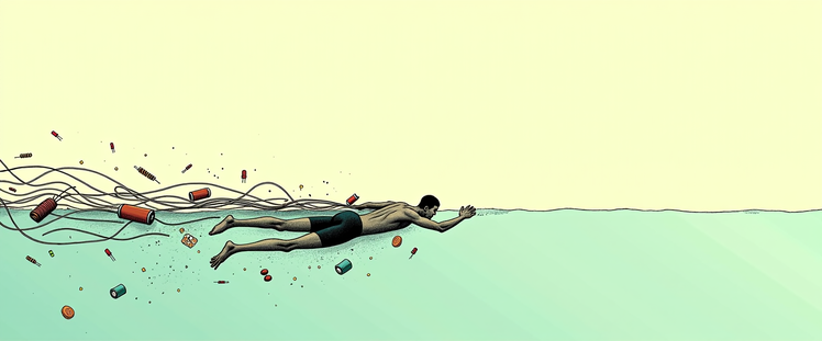 A lone swimmer struggling through a vast surreal ocean densely filled with floating electronic components — resistors, capacitors, diodes, transistors, integrated circuits, broken circuit boards, tangled copper wires, glowing LEDs beneath the water, biomechanical debris drifting like seaweed. The swimmer is actively swimming forward, arms pulling through the water, legs kicking, bubbles and turbulence trailing behind, tangled wires resisting movement. The ocean feels calm, beautiful, immense, and difficult to cross. Moebius-inspired French sci-fi comic art, Jean Giraud style illustration, elegant European graphic novel aesthetic, delicate ink linework, airy negative space, surreal retro-futurism, contemplative atmosphere, sparse composition, muted pastel turquoise and sandy colors, hand-drawn textures, philosophical sci-fi mood, cinematic wide shot, highly detailed environment, clean visual storytelling.