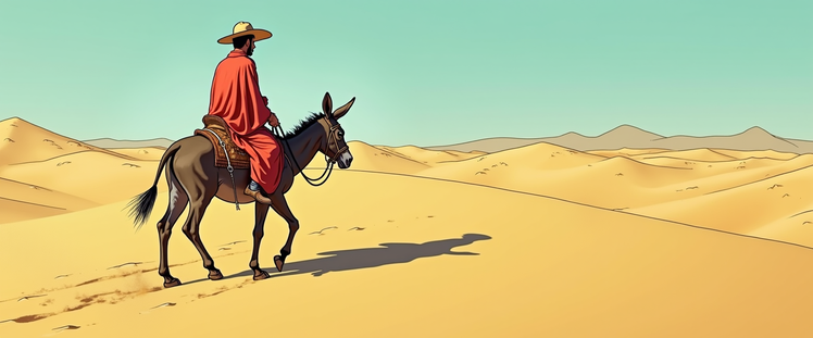 Mobius comic book style. Paisano riding donkey through the desert.