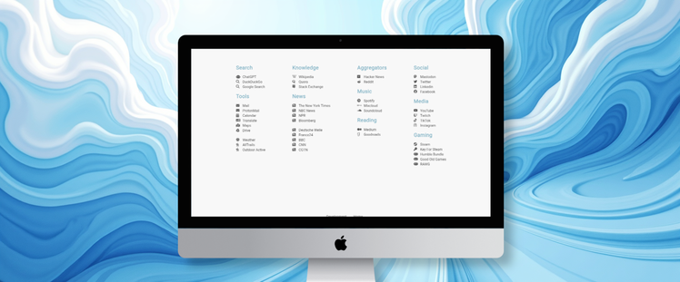 A mac computer showing demo of the startpages. White and light blue fluid pattern on the background.