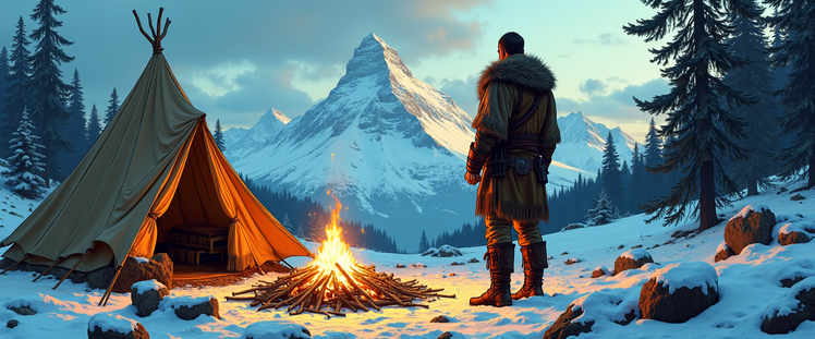 Mobius comic book style.  Gold rush yoman standing in his camp with fire and tent. His pose is straight up with hands on the heap. He is wearing leather clothes. He is looking on snowed mountain in the distance. The area look like High Tatra in Slovakia.