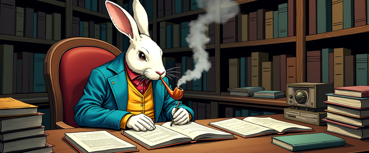 Mobius comic book style. White rabbit from the Alice in the Wonderland. Proper organization of his table.